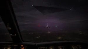 Night approach to Dublin Airport from the north, Meath countryside below
